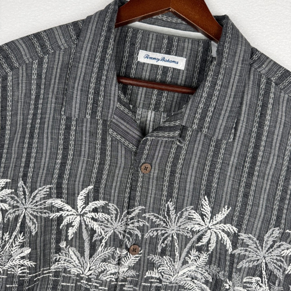 Tommy Bahama Camp Shirt Mens L Linen Blend Palm‎ Tree Embroidered Striped
